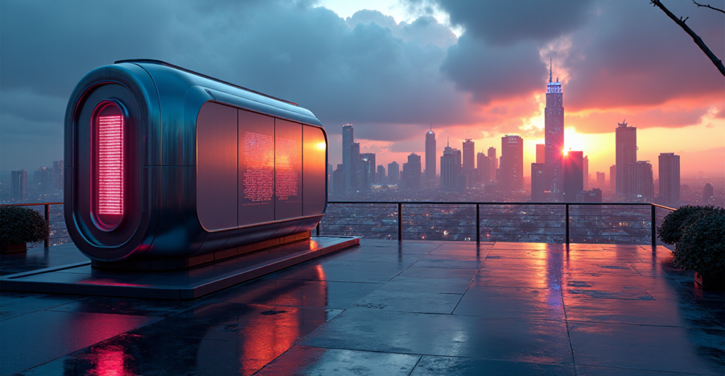 "Image of a futuristic energy trading floor featuring a sleek blockchain-powered energy management system with vibrant LED displays, set against a cityscape at dusk with an impending storm."