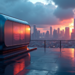 "Image of a futuristic energy trading floor featuring a sleek blockchain-powered energy management system with vibrant LED displays, set against a cityscape at dusk with an impending storm."