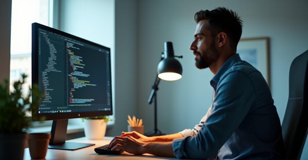 "A confident freelancer sits at a minimalist desk, poised over a computer with AI automation skills development software on display, illuminated by soft natural light."