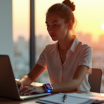 "A young professional woman sits at a minimalist desk, typing on her laptop with an AI-powered virtual assistant displayed prominently, surrounded by organized papers and plants in a well-lit room."