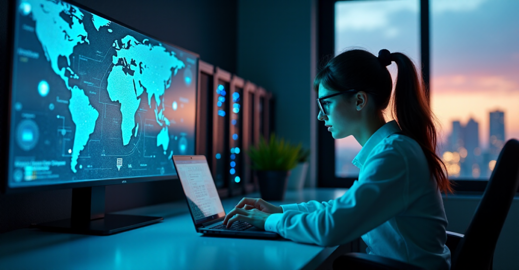 "A young cybersecurity expert intensely focuses on a laptop, wearing high-tech glasses and headset, with hands moving swiftly across the keyboard amidst a dimly lit room of humming servers and cityscape at dusk."