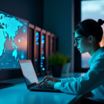 "A young cybersecurity expert intensely focuses on a laptop, wearing high-tech glasses and headset, with hands moving swiftly across the keyboard amidst a dimly lit room of humming servers and cityscape at dusk."