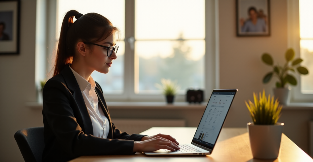 "A young professional woman sits at a modern desk, focused on an online learning platform on her laptop, surrounded by a tidy home office with natural light."