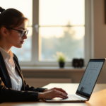 "A young professional woman sits at a modern desk, focused on an online learning platform on her laptop, surrounded by a tidy home office with natural light."