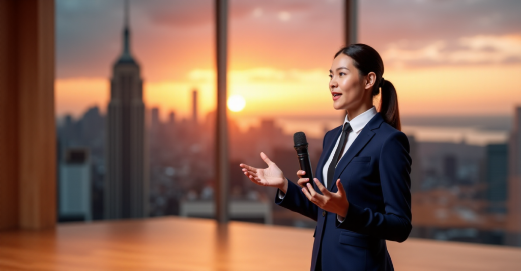 A confident young professional stands on a wooden stage, dressed in a navy blue business suit, speaking into a wireless microphone with passion and conviction, conveying authority and growth amidst a warm cityscape backdrop at sunset.