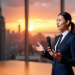 "Career Advancement Strategies Enhance Public Speaking Skills for Lasting Professional Growth" A confident young professional stands on a wooden stage, dressed in a navy blue business suit, speaking into a wireless microphone with passion and conviction, conveying authority and growth amidst a warm cityscape backdrop at sunset.