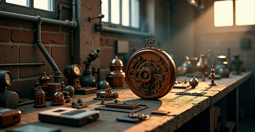 "A cluttered workbench featuring a copper-plated clockwork mechanism, surrounded by retro-futuristic devices, inviting exploration of hidden tech potential and AI automation skills."
