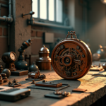 "A cluttered workbench featuring a copper-plated clockwork mechanism, surrounded by retro-futuristic devices, inviting exploration of hidden tech potential and AI automation skills."
