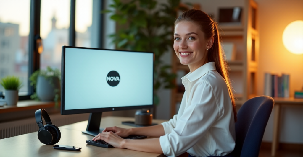 "A young woman sits confidently at a modern desk, surrounded by digital devices, with a Nova logo on her computer screen, conveying determination and self-assurance in an online learning environment."
