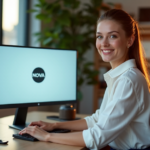 "A young woman sits confidently at a modern desk, surrounded by digital devices, with a Nova logo on her computer screen, conveying determination and self-assurance in an online learning environment."