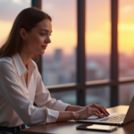 "A young woman sits in a modern home office, focused on her laptop with a serene cityscape behind her, conveying empowerment and future-proof skills through remote work."
