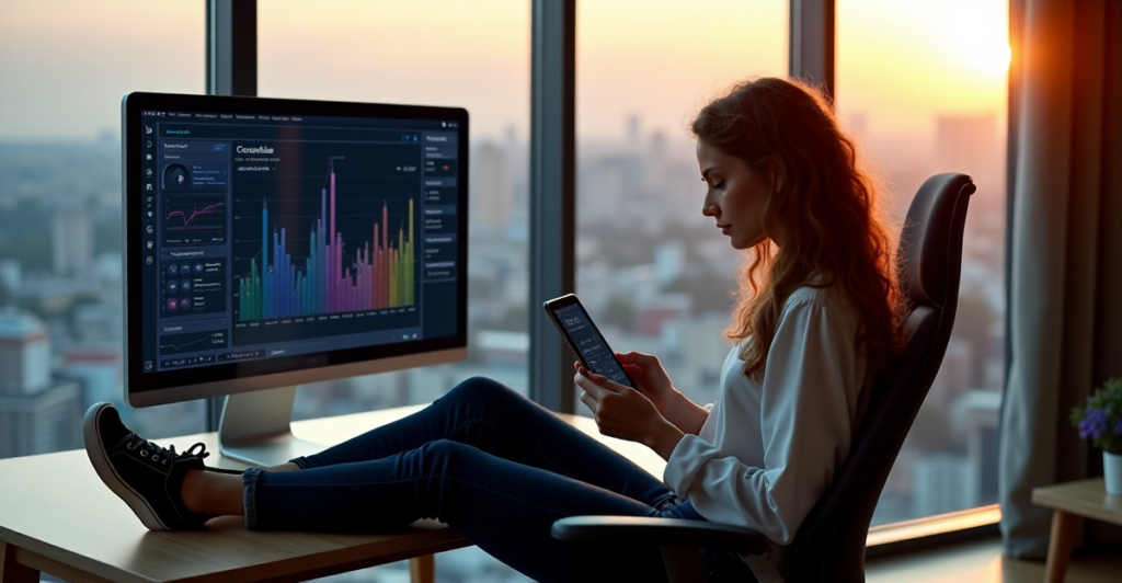 "A young woman sits in a modern home office, analyzing data on her computer and tablet, showcasing AI automation skills and expertise in data science."