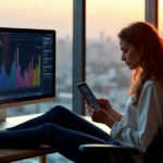 "A young woman sits in a modern home office, analyzing data on her computer and tablet, showcasing AI automation skills and expertise in data science."