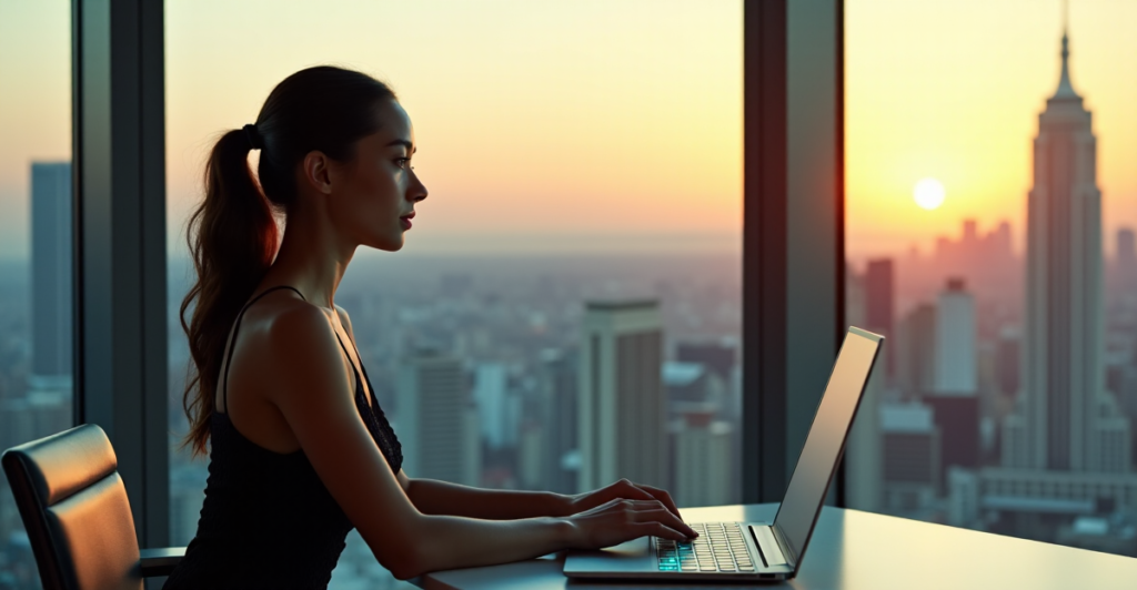 "A young professional woman sits at a modern desk, dressed in a sleek black jumpsuit with metallic accents, poised over a futuristic keyboard, exuding confidence and determination as she navigates the rapidly changing job market with future-proof skills."
