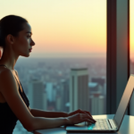 "A young professional woman sits at a modern desk, dressed in a sleek black jumpsuit with metallic accents, poised over a futuristic keyboard, exuding confidence and determination as she navigates the rapidly changing job market with future-proof skills."