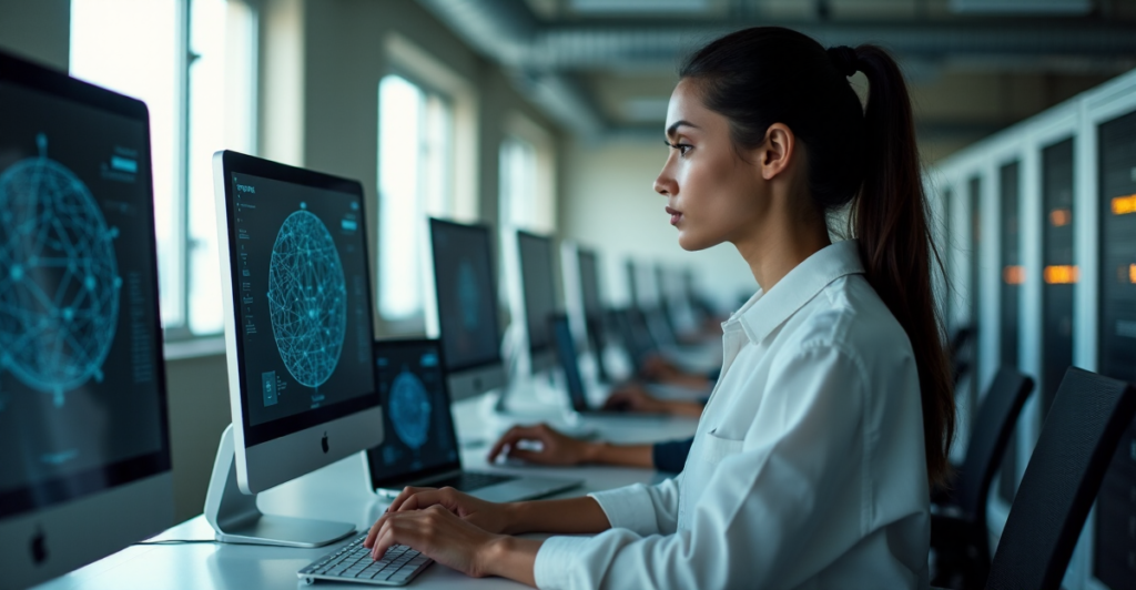 "A young woman intensely monitors a network diagram on a computer screen in a modern laboratory, surrounded by cybersecurity devices, emphasizing the importance of continuous training and AI automation skills."