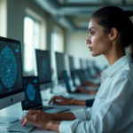 "Continuous Cybersecurity Training: The Key to Unlocking a Secure Future" "A young woman intensely monitors a network diagram on a computer screen in a modern laboratory, surrounded by cybersecurity devices, emphasizing the importance of continuous training and AI automation skills."