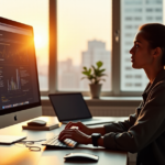 "Unlock Career Growth Through Online Learning and Development with AI-Powered Strategies" A young professional woman sits at a modern desk, focused on her AI-powered learning platform, surrounded by digital devices, with natural light streaming through large windows, emphasizing her determination to develop AI automation skills.