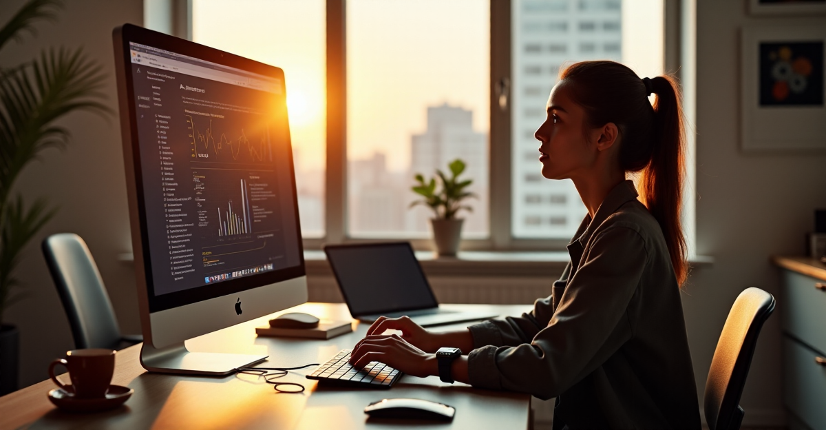 A young professional woman sits at a modern desk, focused on her AI-powered learning platform, surrounded by digital devices, with natural light streaming through large windows, emphasizing her determination to develop AI automation skills.