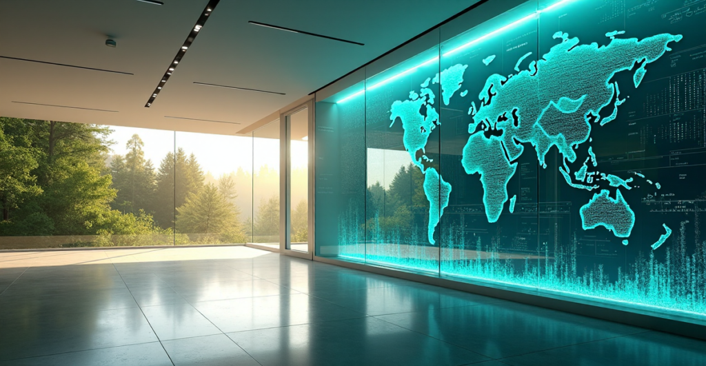 "Image of a futuristic data center with AI-powered analytics system, displaying real-time environmental data in vibrant colors, set amidst a serene forest at dawn."