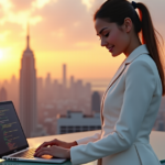 Future-Proof Your Career with Essential Skills That Last "A young professional stands confidently on a rooftop, gazing at their laptop displaying code snippets, symbolizing determination and resilience in acquiring AI Automation Skills amidst a futuristic cityscape."