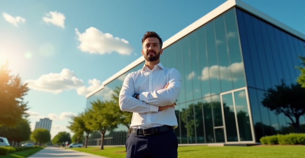"A confident business owner stands in front of a modern headquarters, exuding professionalism amidst lush greenery, emphasizing the importance of AI automation skills in cybersecurity training."