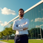 "A confident business owner stands in front of a modern headquarters, exuding professionalism amidst lush greenery, emphasizing the importance of AI automation skills in cybersecurity training."