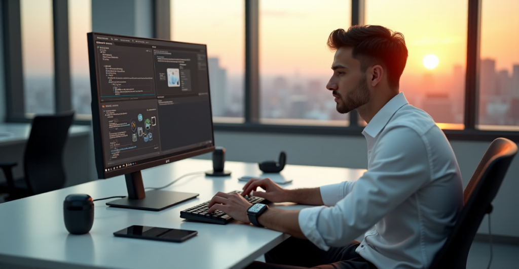 "A young professional sits confidently at a desk, surrounded by high-tech gadgets and a large monitor displaying an AI automation workflow, exuding calm focus and determination."