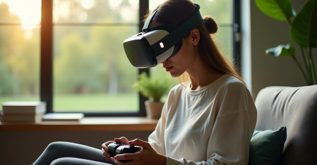 "A young woman sits in a minimalist learning space, intently using an AI-powered virtual reality headset to develop future-proof skills amidst natural light and lush park views."