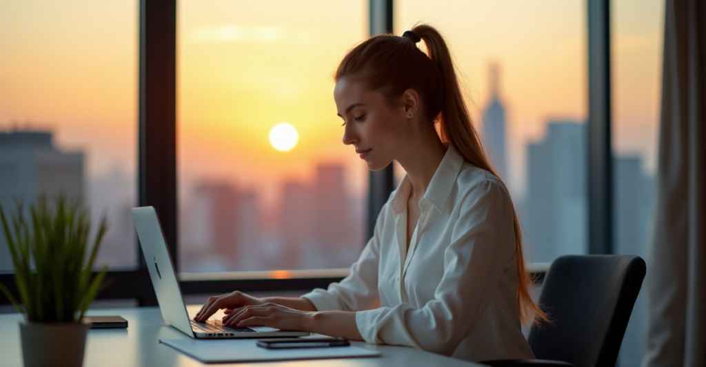 "A young woman sits confidently at a minimalist desk, surrounded by high-end AI gadgets, gazing intently at her laptop with focus and determination, showcasing her expertise in AI Automation Skills."