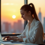 "A young woman sits confidently at a minimalist desk, surrounded by high-end AI gadgets, gazing intently at her laptop with focus and determination, showcasing her expertise in AI Automation Skills."