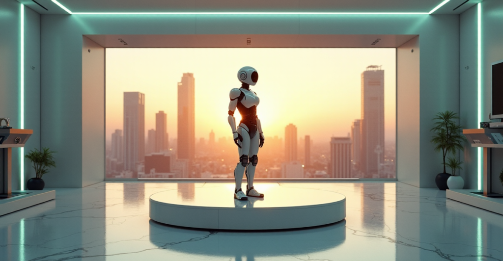 "A futuristic robot stands on a pedestal in a high-tech lab, surrounded by gadgets and devices, exuding confidence with future-proof skills."