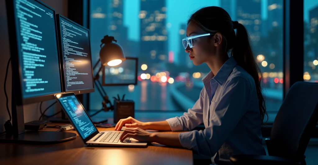 A young woman sits at a wooden desk surrounded by computer screens displaying blockchain data, coding interface, and decentralized network diagram; wearing futuristic glasses with a soft glow."