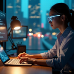 A young woman sits at a wooden desk surrounded by computer screens displaying blockchain data, coding interface, and decentralized network diagram; wearing futuristic glasses with a soft glow."