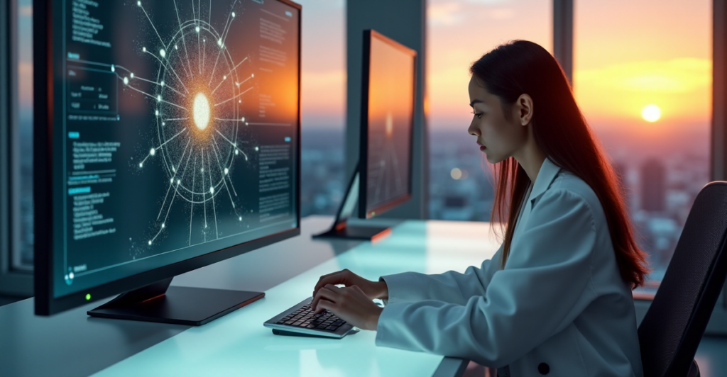 "A young woman in a lab coat studies an intricate neural network diagram on her computer screen in a modern laboratory setting."