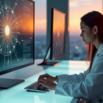 "A young woman in a lab coat studies an intricate neural network diagram on her computer screen in a modern laboratory setting."