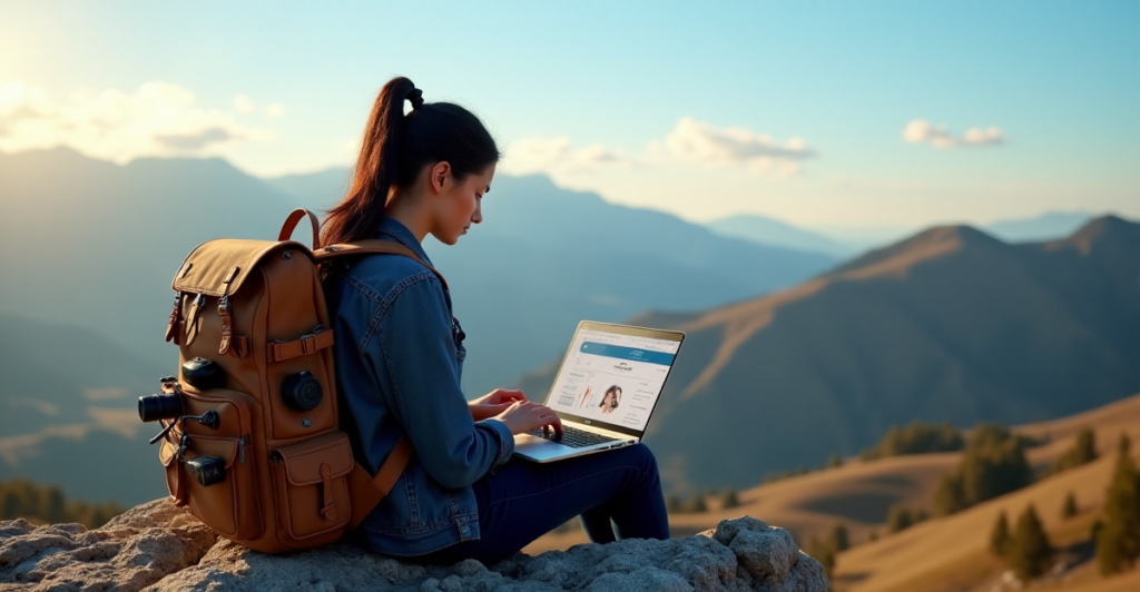 "A young woman sits on a rocky outcropping, typing on her laptop with AI-powered productivity software, surrounded by rolling hills and distant mountains under a clear blue sky."