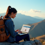"Stay Resilient and Thrive in Remote Environments with Essential AI-Powered Productivity Skills" "A young woman sits on a rocky outcropping, typing on her laptop with AI-powered productivity software, surrounded by rolling hills and distant mountains under a clear blue sky."