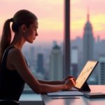 A young woman sits at a modern desk, focused on her tablet displaying career growth lines, surrounded by subtle hints of professional accomplishments in a serene cityscape background.