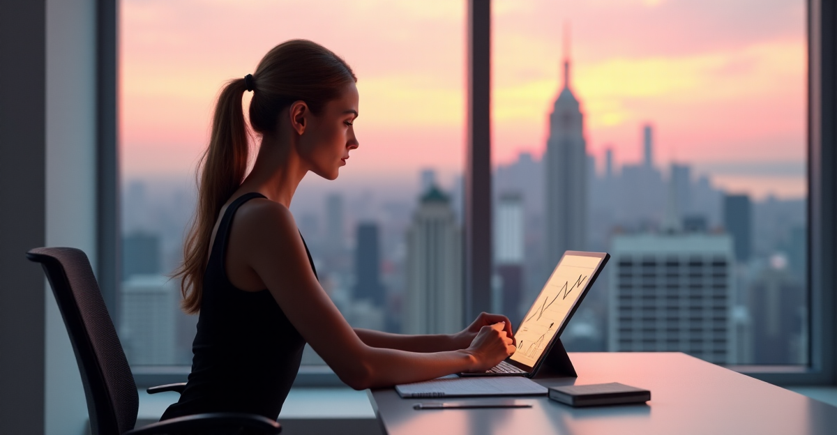 A young woman sits at a modern desk, focused on her tablet displaying career growth lines, surrounded by subtle hints of professional accomplishments in a serene cityscape background.