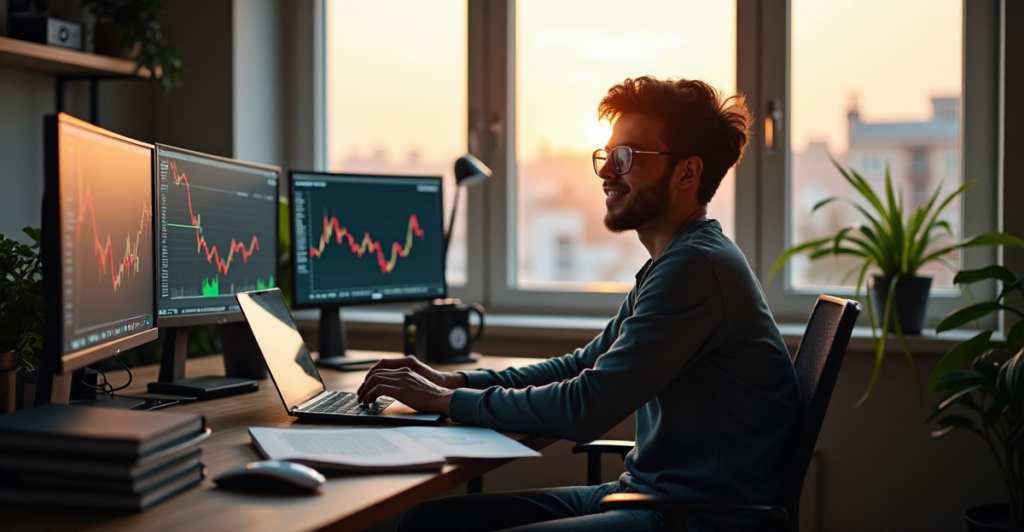 "A young freelancer sits at a cluttered desk surrounded by cryptocurrency equipment, laptops, and books, typing away with focused determination."