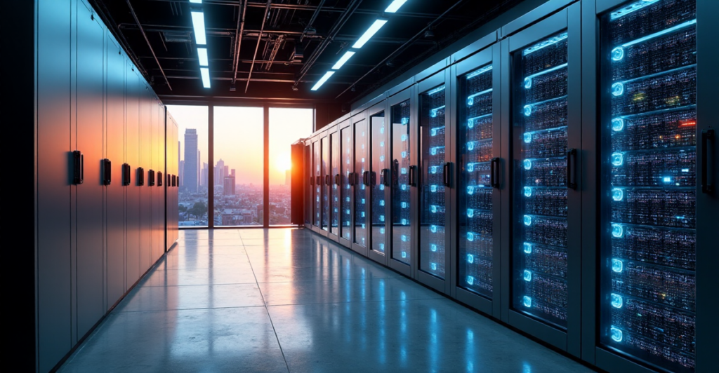 "A futuristic data center with humming servers, high-tech equipment, and soft blue LED lights, set against a cityscape backdrop at dusk, conveying cutting-edge technology and innovation."