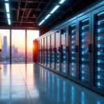 "A futuristic data center with humming servers, high-tech equipment, and soft blue LED lights, set against a cityscape backdrop at dusk, conveying cutting-edge technology and innovation."