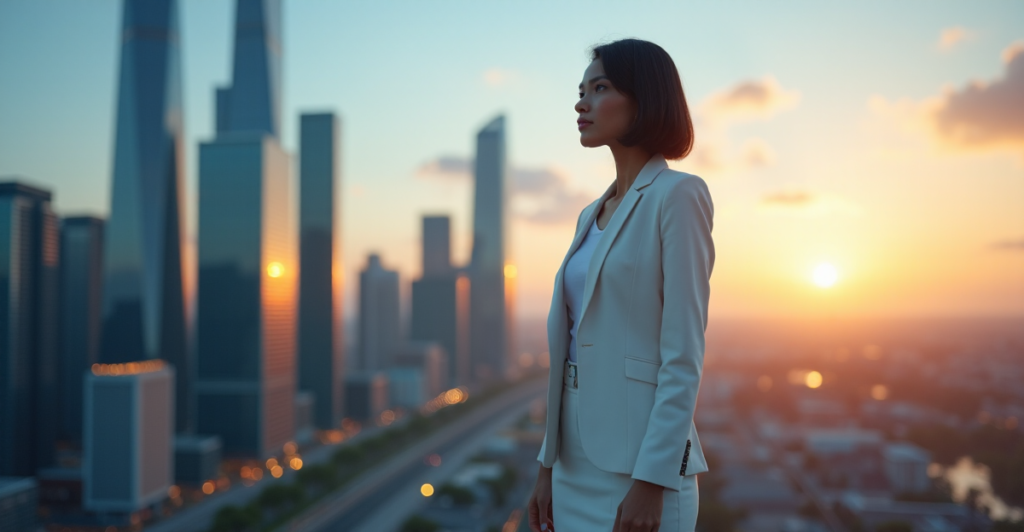 "A young professional woman stands confidently in front of a cityscape at dusk, exuding self-assurance with AI automation skills guiding her future-proof career."