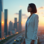 Future-Proof Your Career Blueprint "A young professional woman stands confidently in front of a cityscape at dusk, exuding self-assurance with AI automation skills guiding her future-proof career."