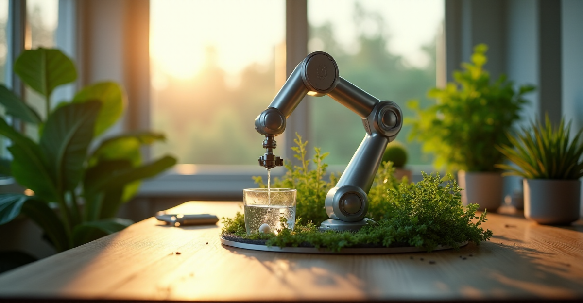 A sleek silver robotic arm surrounded by lush greenery in a minimalist home office environment, symbolizing future-proof skills in innovative smart gardening technology.
