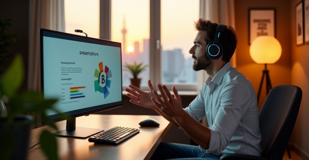 "A remote worker confidently presents to a virtual audience using AI automation skills in a modern home office with high-tech gadgets and natural light."