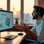 "A remote worker confidently presents to a virtual audience using AI automation skills in a modern home office with high-tech gadgets and natural light."