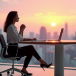 "Unlock Freelance Prosperity with AI-Driven Skills for Long-Term Career Growth" "A young professional woman sits confidently at a desk with a cityscape view, focused on her laptop with AI automation skills in mind."