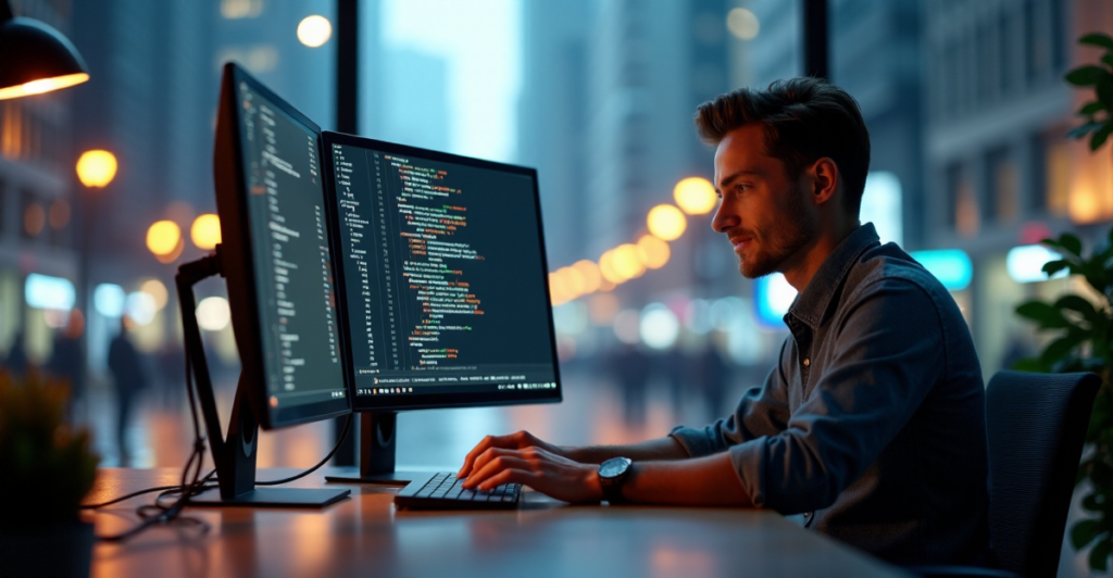 "A young professional sits confidently at a modern desk, surrounded by AI tools like TensorFlow and AutoML, with a futuristic cityscape visible through floor-to-ceiling windows."